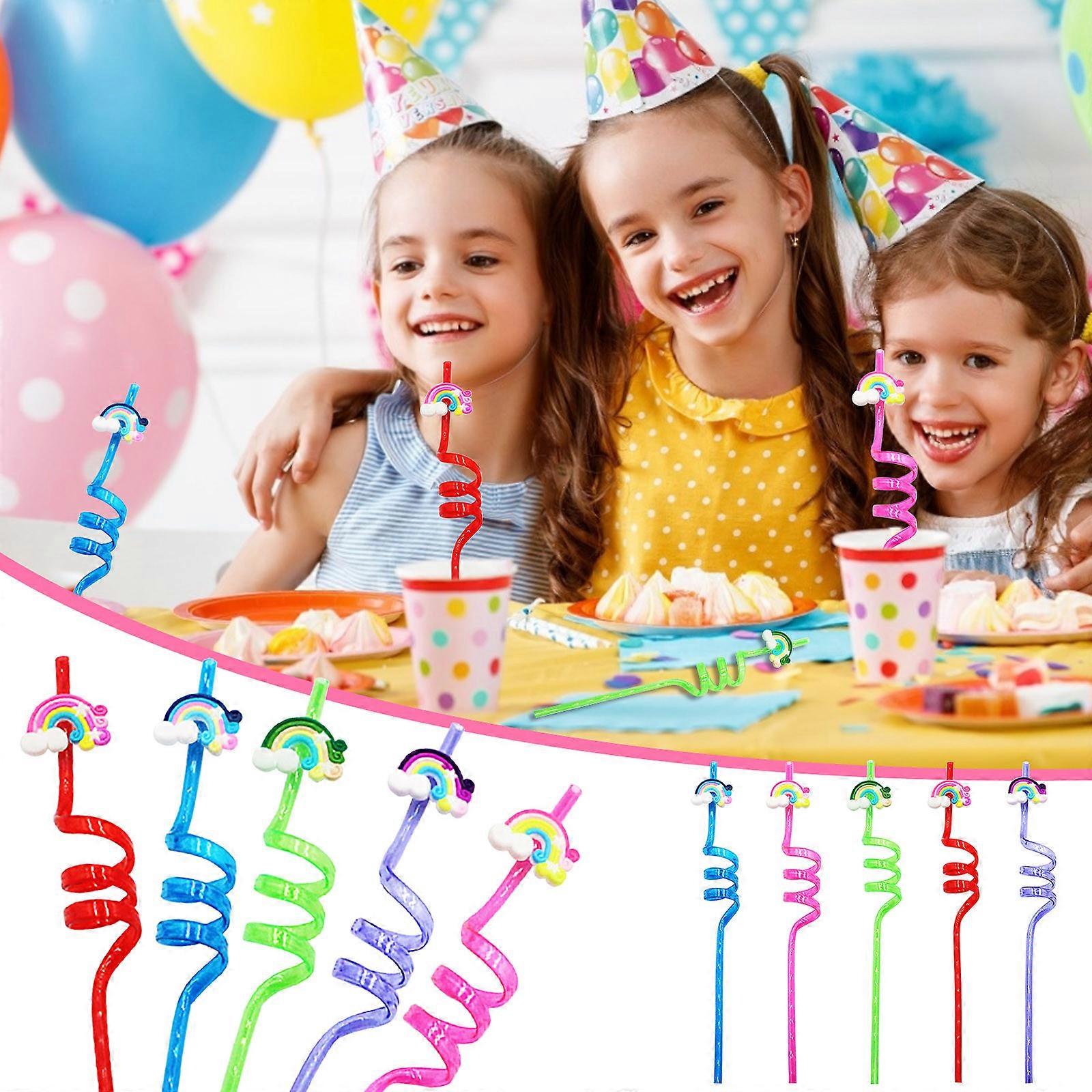 24PC New Curved Straws Party Decoration Rainbow Cartoon Reusable Straws
