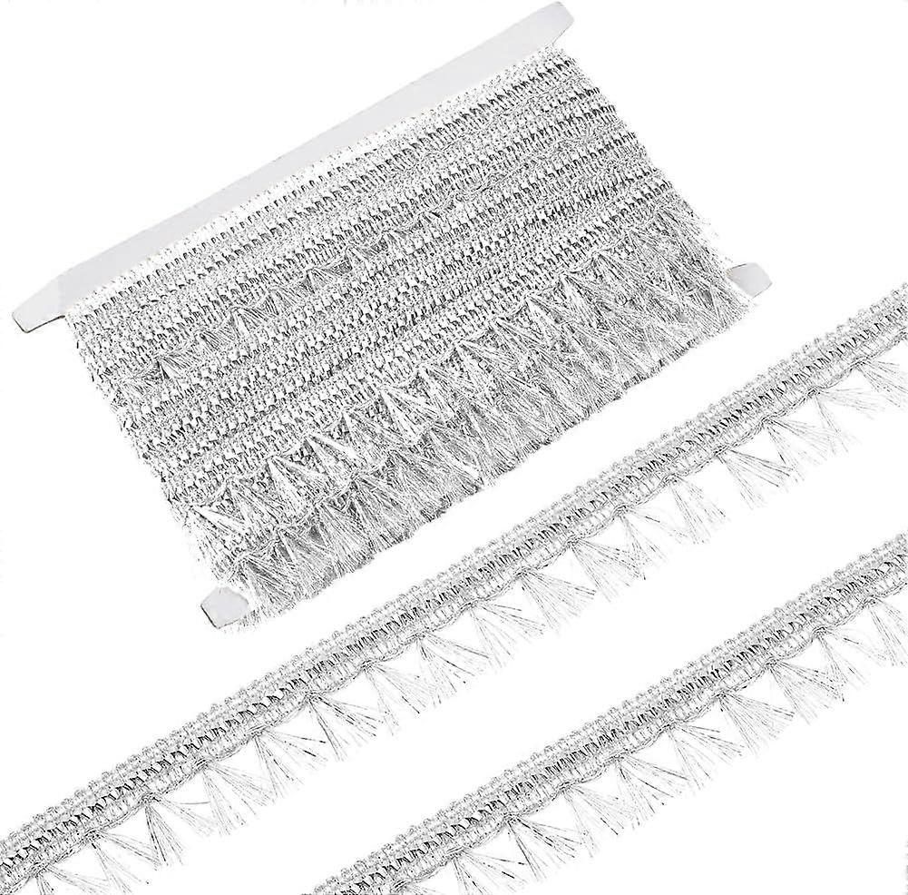 15 Yards Silver Metallic Lace Trim with Short Tassel 1-1/8 inch Wide Polyester Metallic Ribbons Chainette Fringe Sewing Trim for Clothes Curtain Pillo