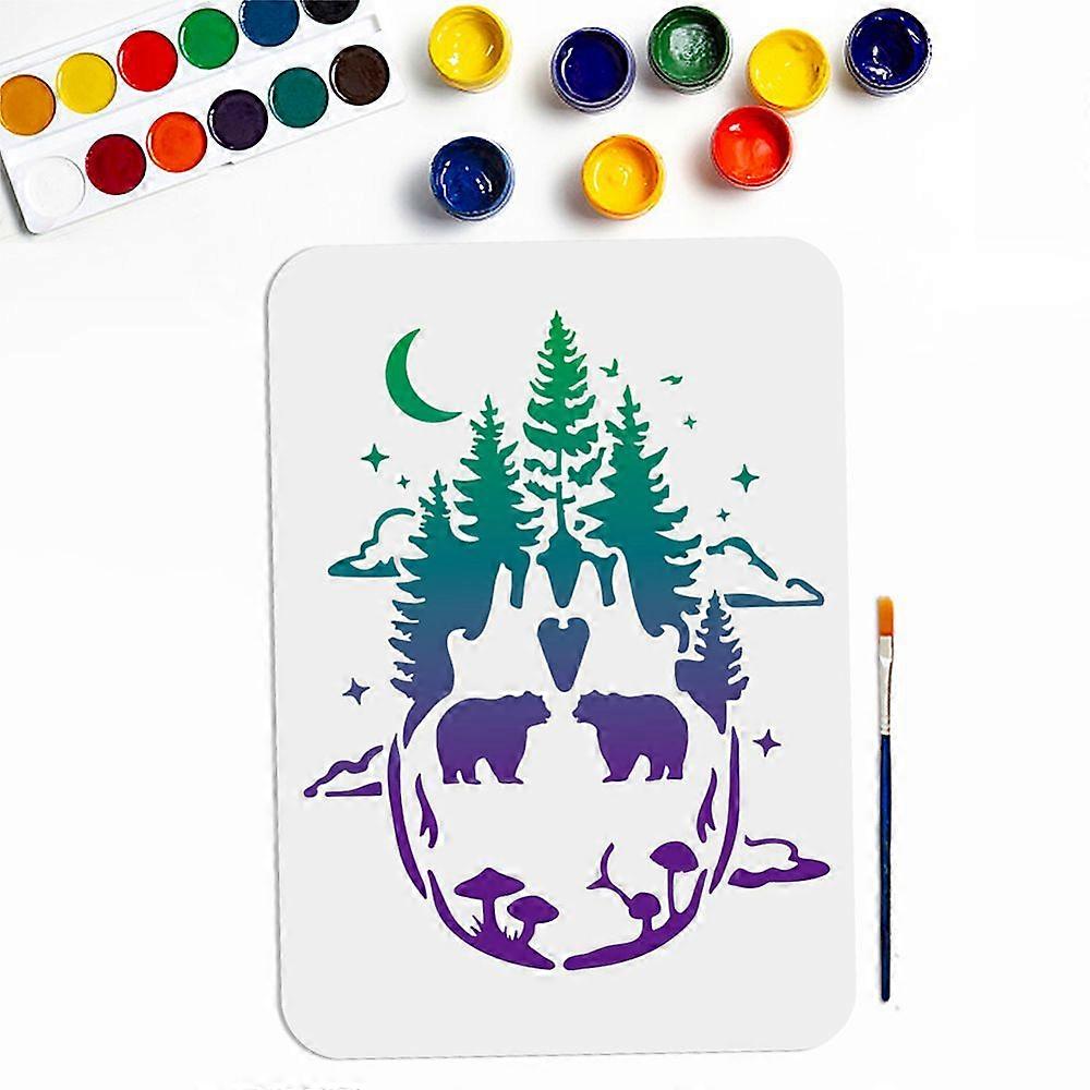 1Pc PET Hollow Out Drawing Painting Stencils with 1Pc Art Paint Brushes for DIY Scrapbook Photo Album Tree 297x210mm