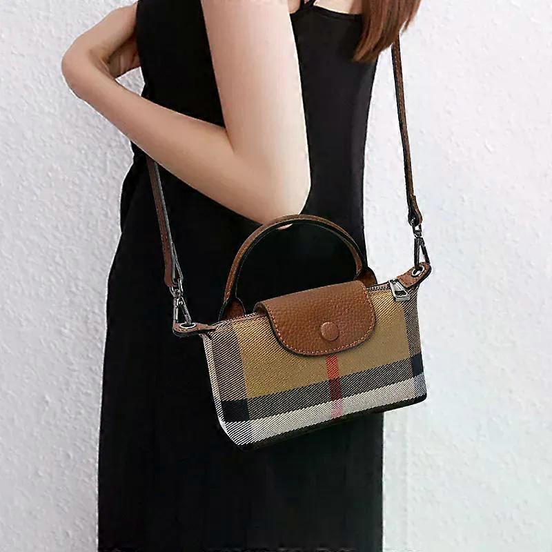 Checkered pattern single shoulder crossbody women's bag, canvas with cowhide mini bag, mobile phone bag