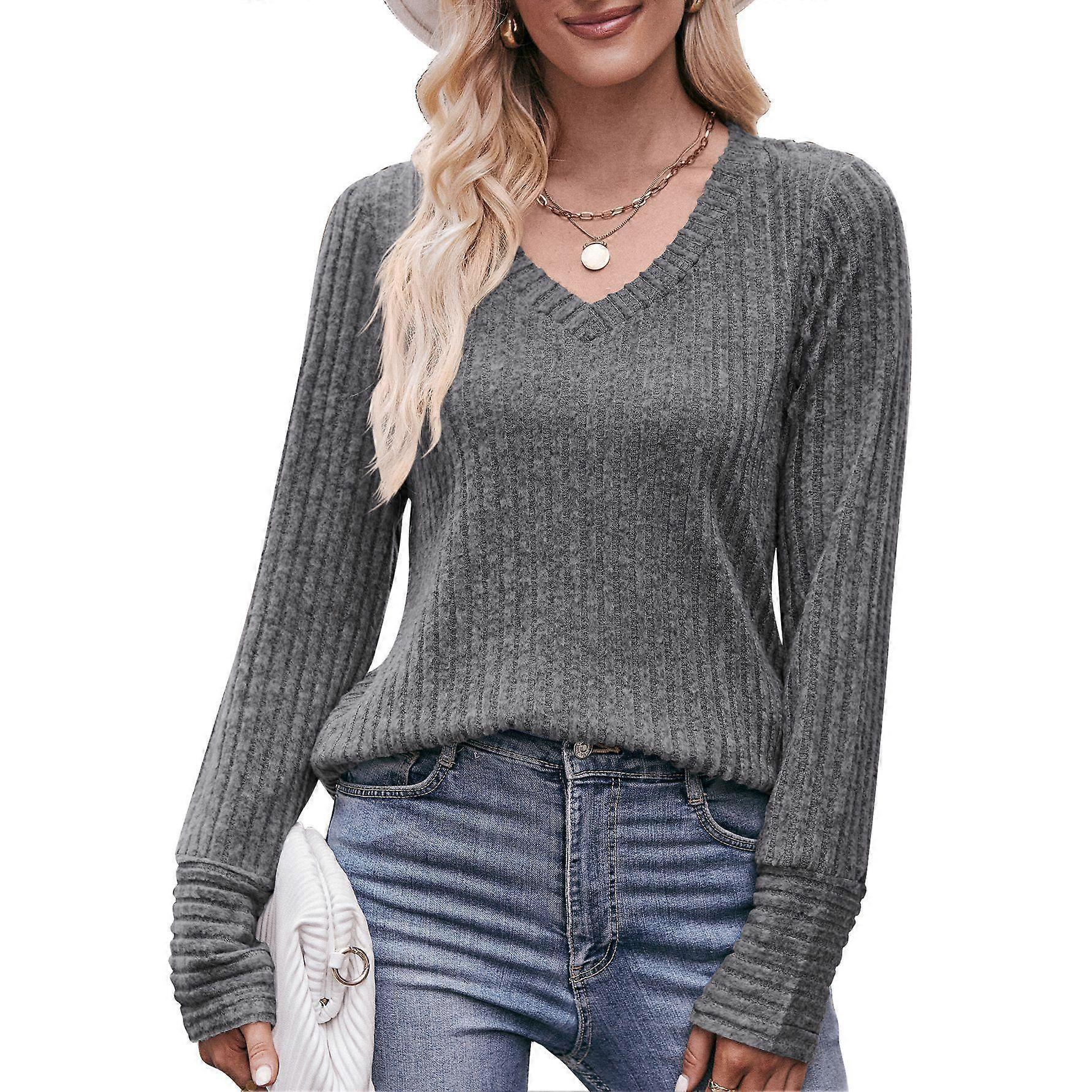 Autumn and Winter Women's Blouse Long-sleeved Tops Brushed Pit Stripes V-neck Solid Color Fashion Tops
