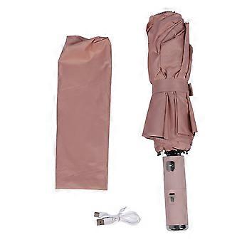 Portable Fan Umbrella Fully Automatic Black Glue Cloth Double Use 10 Ribs Folding Umbrella for Sunny and Rainy Day Pink