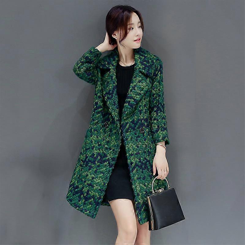 Vintage Houndstooth Coat Ladies Plaid Imitation Woolen Coat Long Slim and Thick Trench Coat Plus Size Tweed Jacket