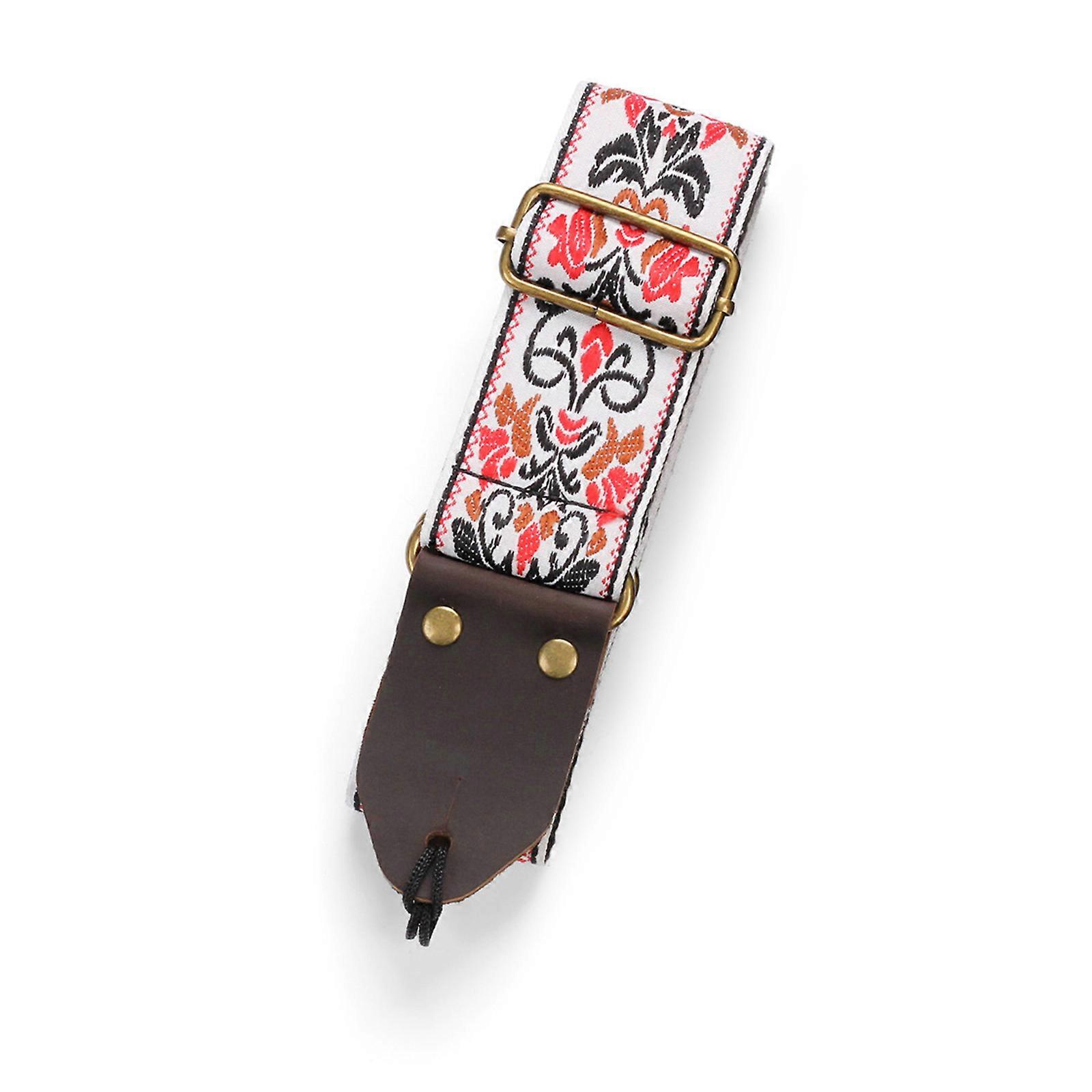 Gitarrrem Vintage Blomma Justerbar Gitarr Axelrem Vävd Broderi Tyg Basrem Bälte För Elgitarr Vit