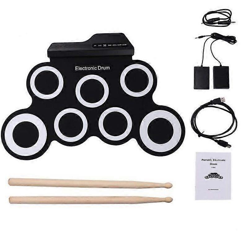 Batterie électronique portable Tambour roulant électronique Tambour pliant portable avec pédales et baguettes pour enfants