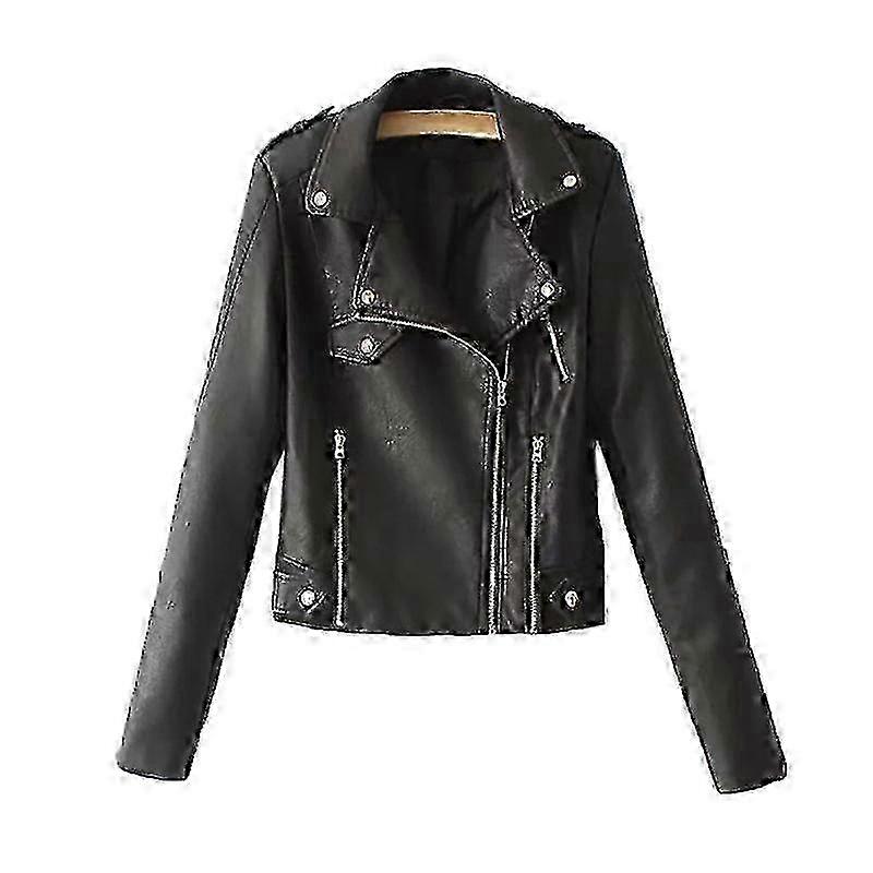 Faux Leather Women's Motorcycle Jacket - Fall/Winter Solid Color, Lapel & Zipper Pocket