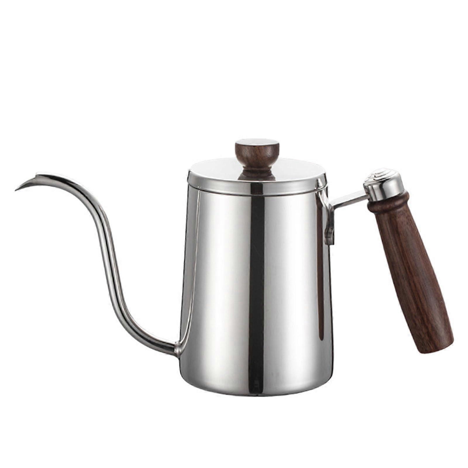 304 Stainless Steel Gooseneck Coffee Kettle with Wooden Handle, Design, Ergonomic Drip Spout, Design, Suitable for Home Use (SILVER)