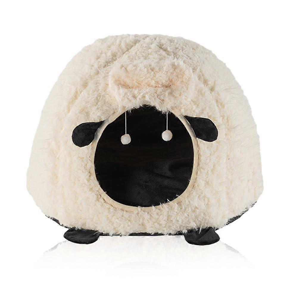 Cute Cat Bed Cave for Indoor Sheep Shaped Pet Plush House SelfWarming Nest Small Dogs Rabbits with Removable Cushion for Puppy Bed with Hanging Toy