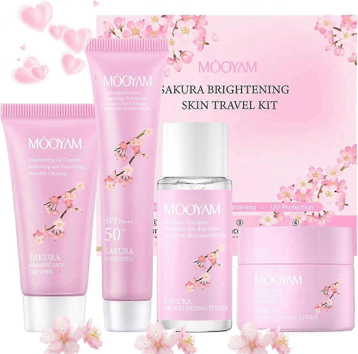 Sakura Skin Care Set - Face Cleanser, Toner, Essence Cream, Sunscreen For Moisturizing Skin, Hydrating Skincare Set Travel Friendly Skincare Mini Set