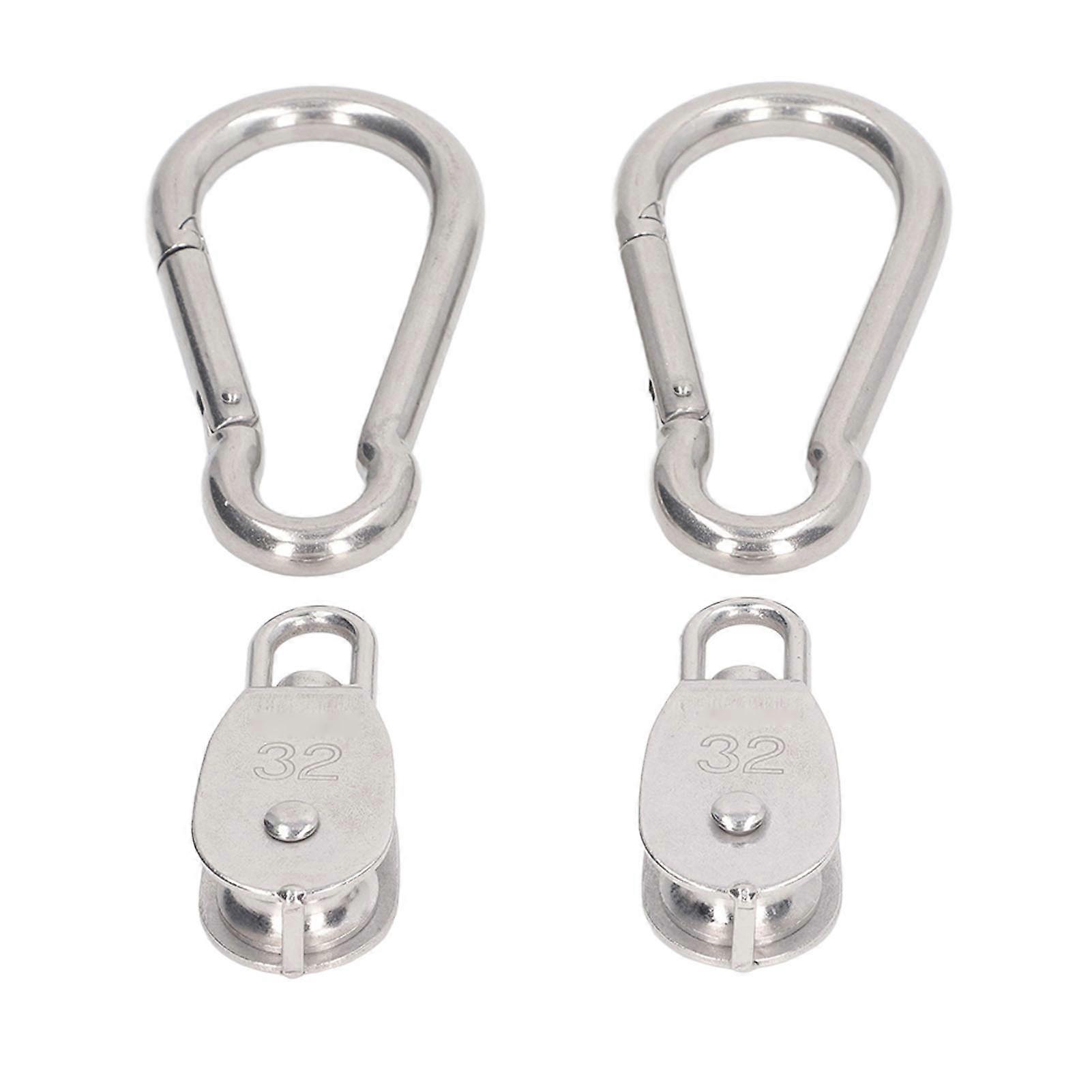2Pcs M32 Single Block with 2 M12 Spring Snap Hook Stainless Steel Wire Rope Hanging Towing Wheel Pulley