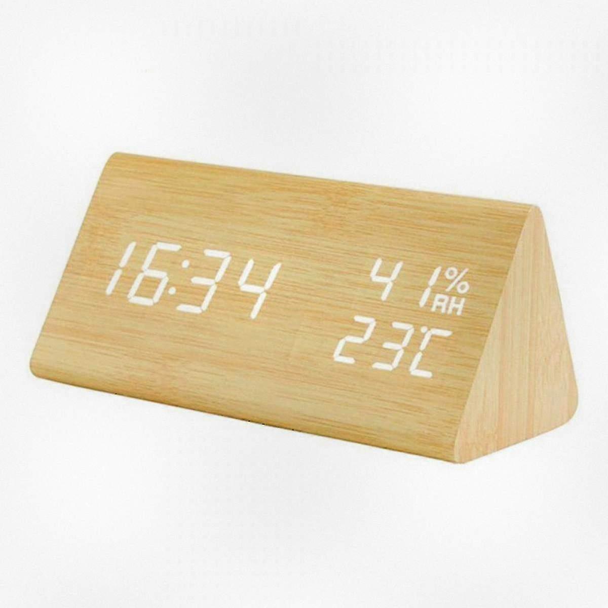 Wooden Alarm Clock, Smart LED Digital Clock for Bedroom/Desks, Enhanced with Time and Temperature Display, Adjustable Brightness and Voice C