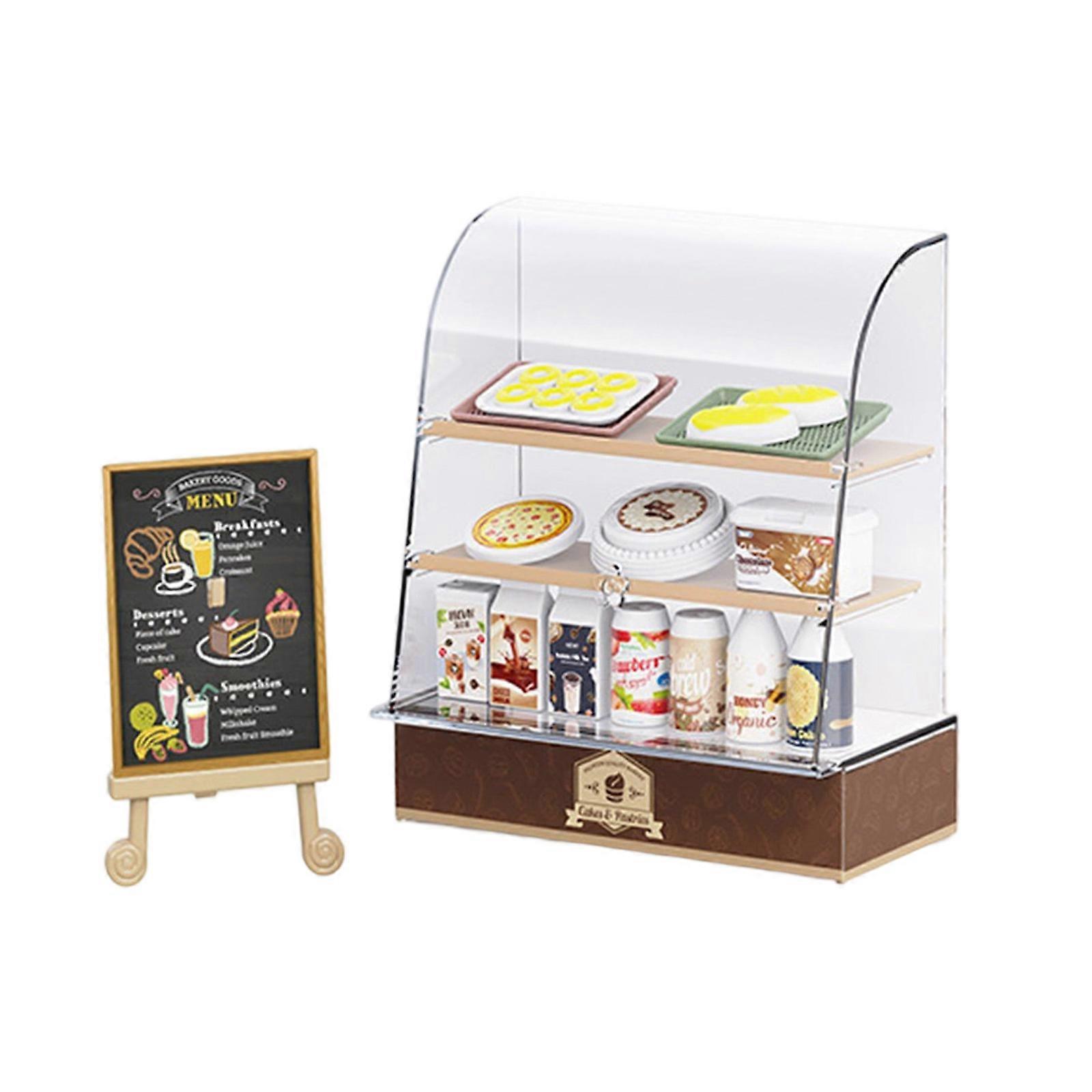 Pretend Play Kitchen Bakery Counter Display Case with Miniature Dessert Food Figurine Dollhouses Scene Display Accessory