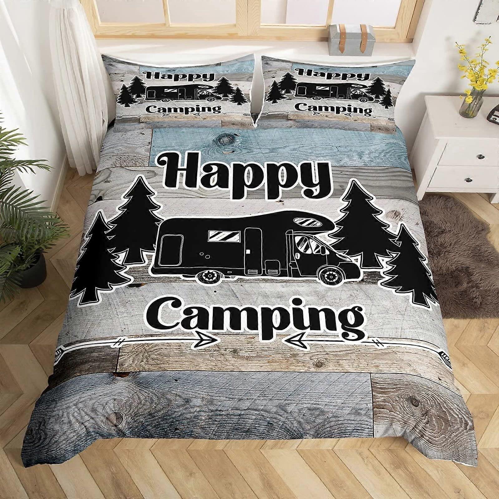 Happy Camping Camper Bed Linen 135 x 200 cm Duvet Cover Set 2Piece Rustic Farmhouse Microfibre Soft Duvet Covers 1 Pillowcase 80 x 80 cm with Zip