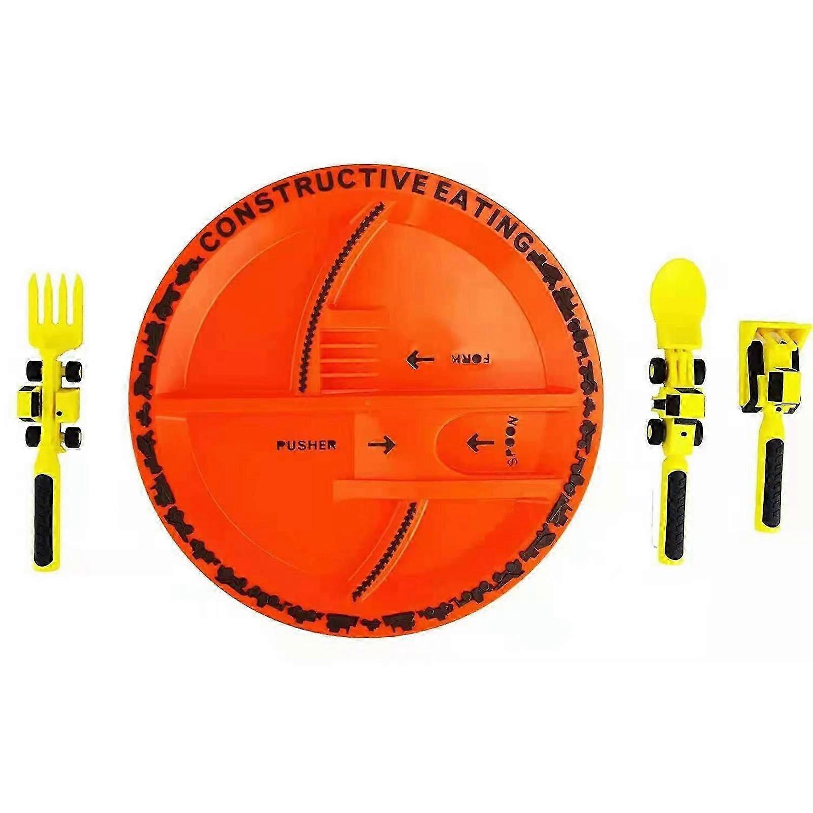 Construction Themed Utensils for Kids, Excavator Fork Spoon, Toddlers Eating Set with Pusher, Safe and Easy to Clean