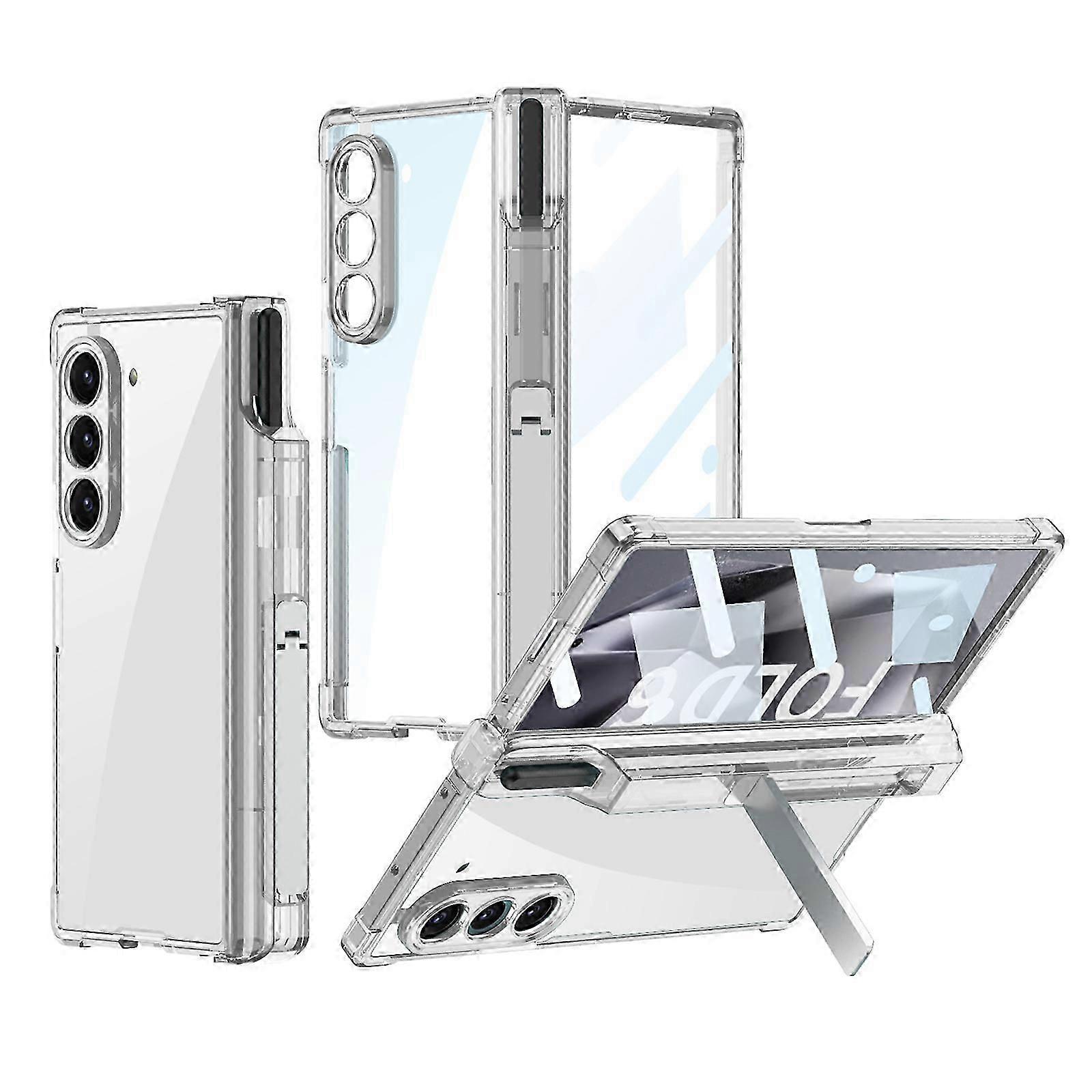 Z Fold 6 Clear Case with Kickstand & Pen Holder, One-Piece Design Z Fold 6 Case with Hinge Protection, Built-in Screen Protector, Slim PC Galaxy Z Fol