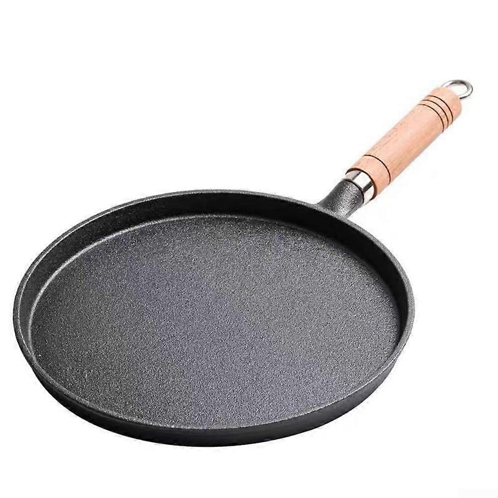 Cast iron pan with wooden handle for pancake cooking, designed for easy flipping and heat regulation (26).