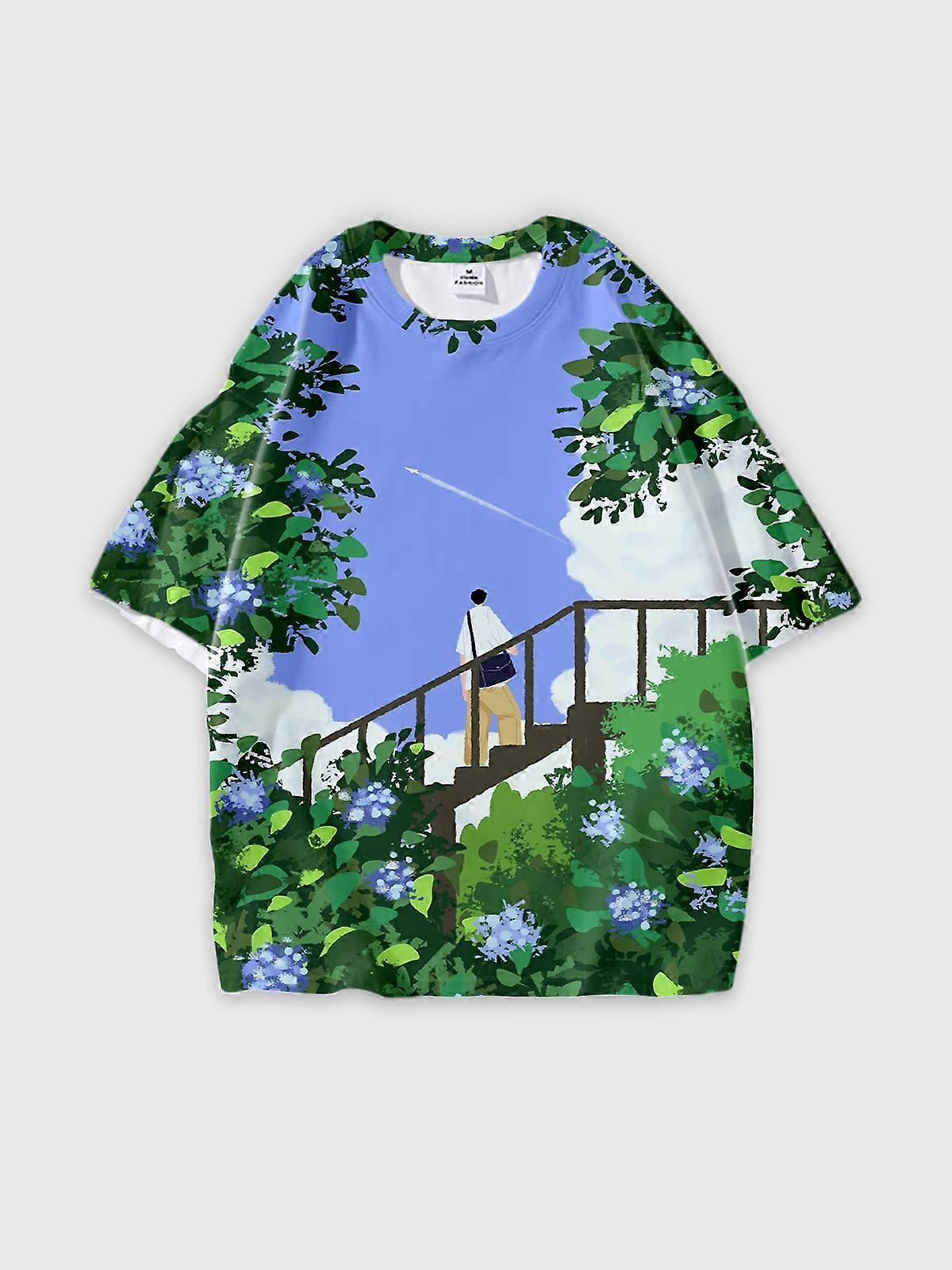 T-Shirt Round Neck, Loose Short Sleeve Pattern Graphic Tee, Unisex Summer Casual Top V1721