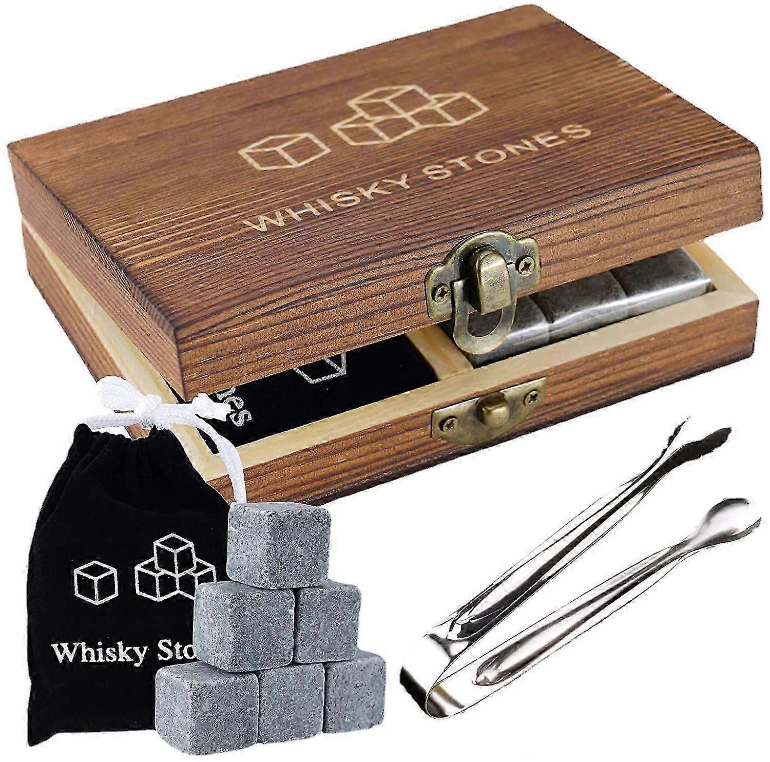 9 Granite Ice Stones and Wooden Box Whiskey Icewine Stones for Scotch, Whiskey, Bourbon, Tequila, Vodka, Rum, Wine