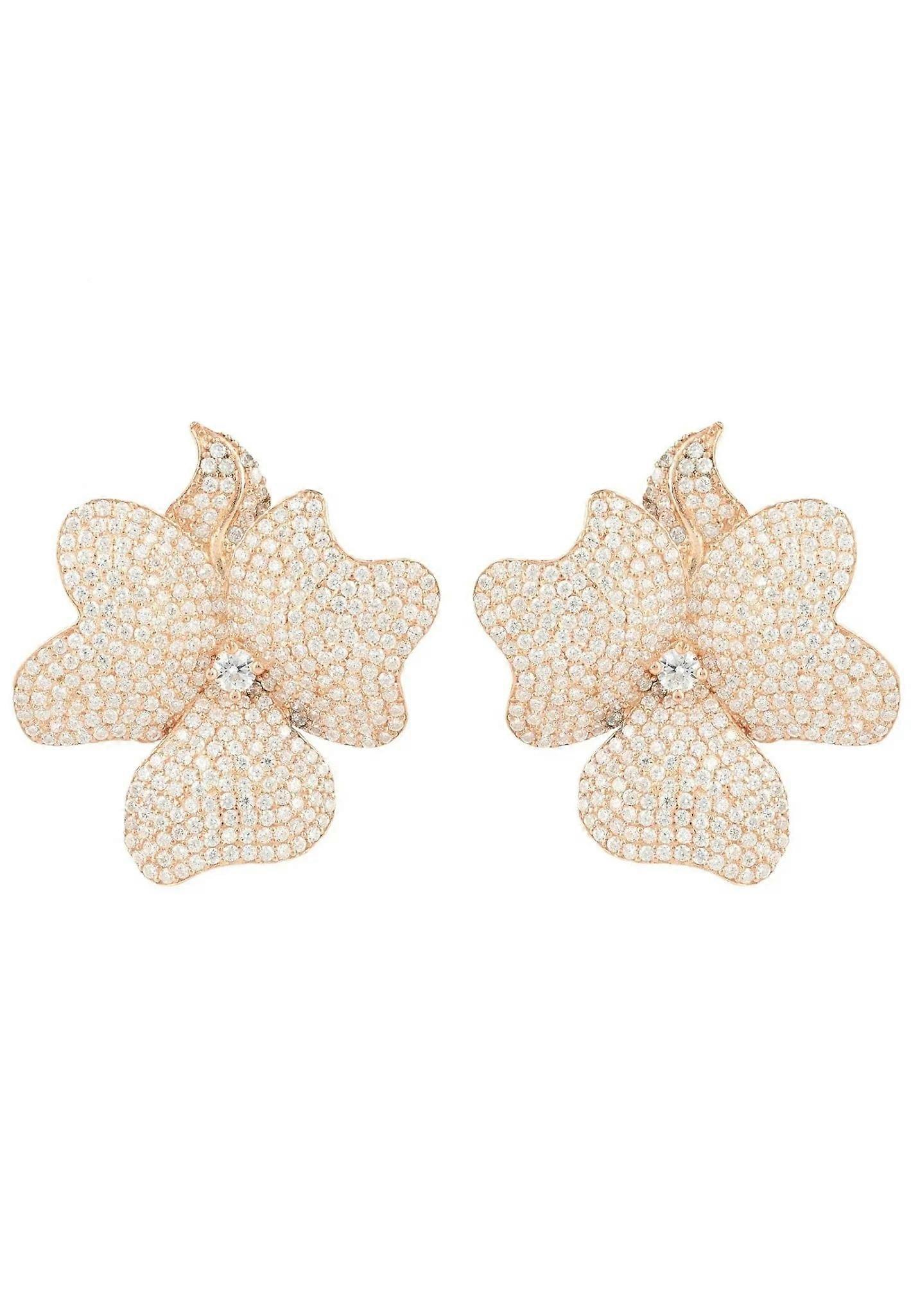 Latelita Women's Rose Gold Flower Stud Earrings with Cubic Zirconia - 3.2cm x 3.2cm, 11.7g