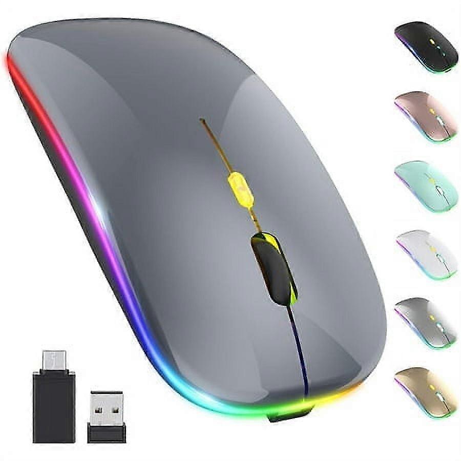 LED Wireless Mouse, Rechargeable Slim Silent 2.4G Optical Mouse with USB & Type-C Receiver, 3 DPI Levels for PC, Laptop, Desktop (Grey)