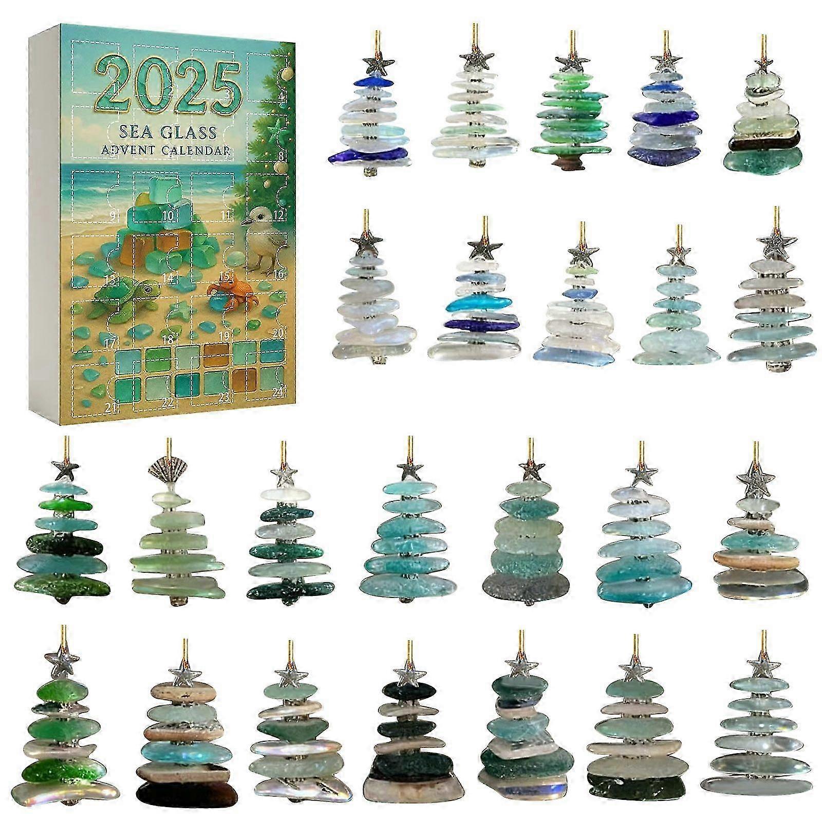 Sea Glass Christmas Tree Advent Calendar 2025, 24 Days Xmas Countdown Calendar with 24 Miniature Christmas Tree Ornaments, 2025 Sea Glass Advent Calen