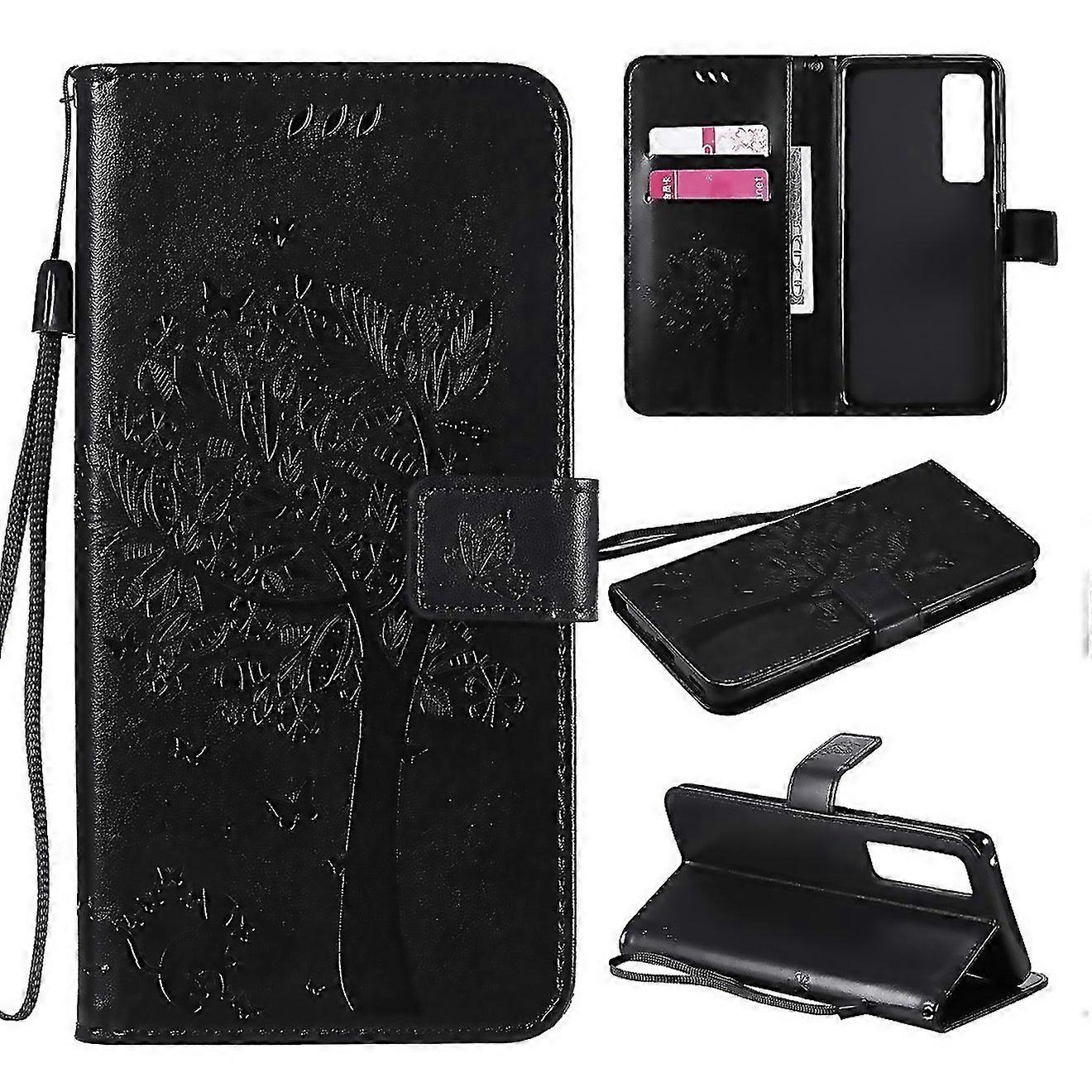 For Tree Cat Embossed Pattern Horizontal Flip Leather Case With Holder Card Slots Wallet Lanyard For
