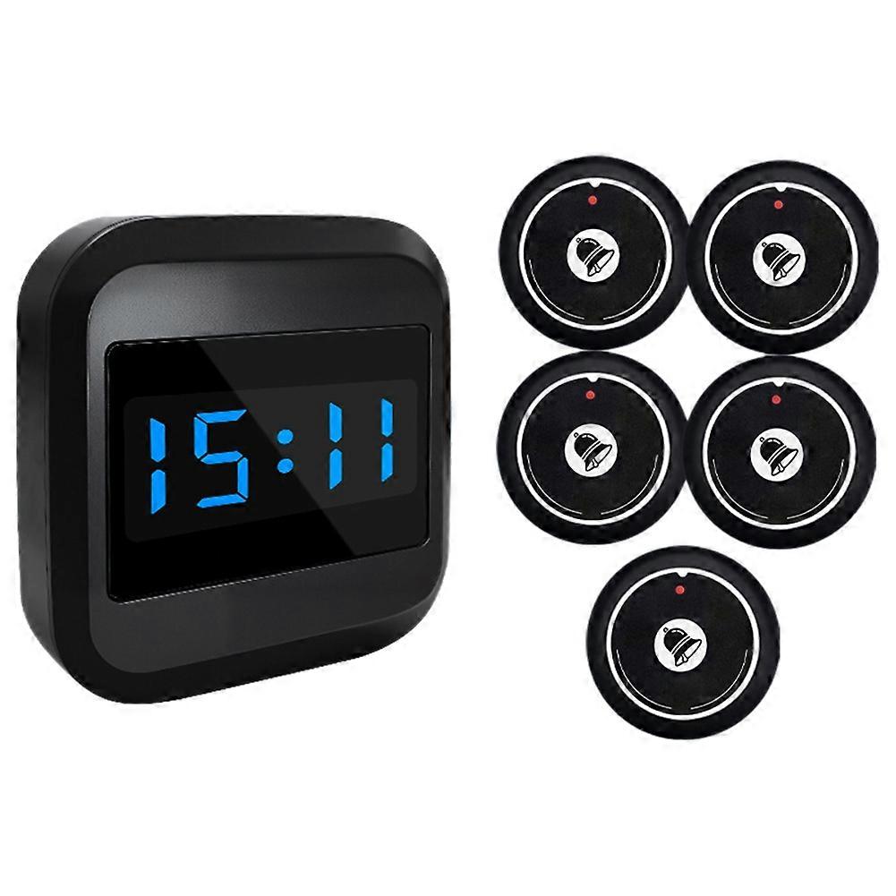 Wireless Doorbell Display Receiver +5 Pager Button Restaurant Pager Waiter Calling System for Hotel Bar Cafe EU Plug