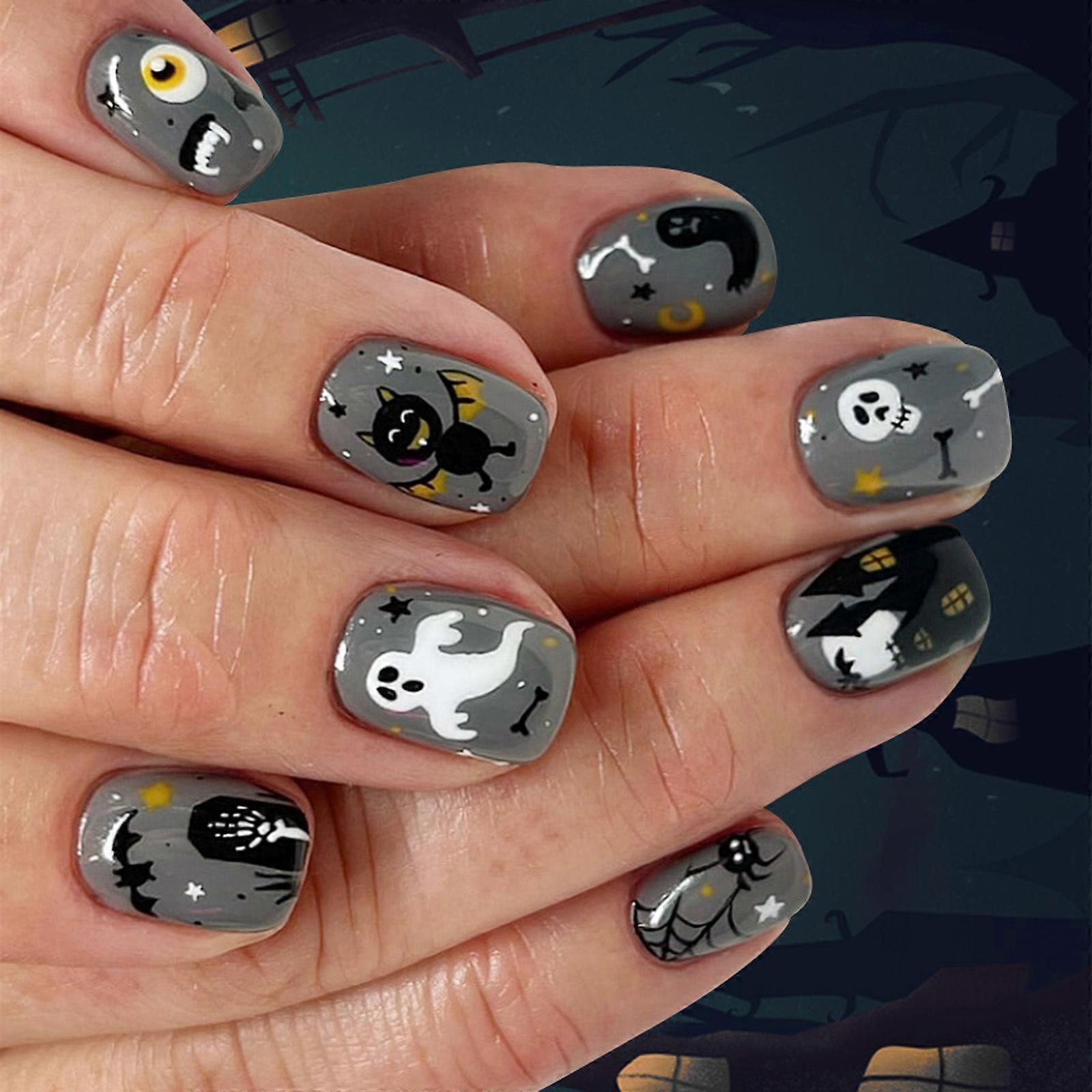Gothic Style Halloween Press On Nail 24PCS Featuring Horror Skeletons And Cobweb Not Required Tools Multicolor