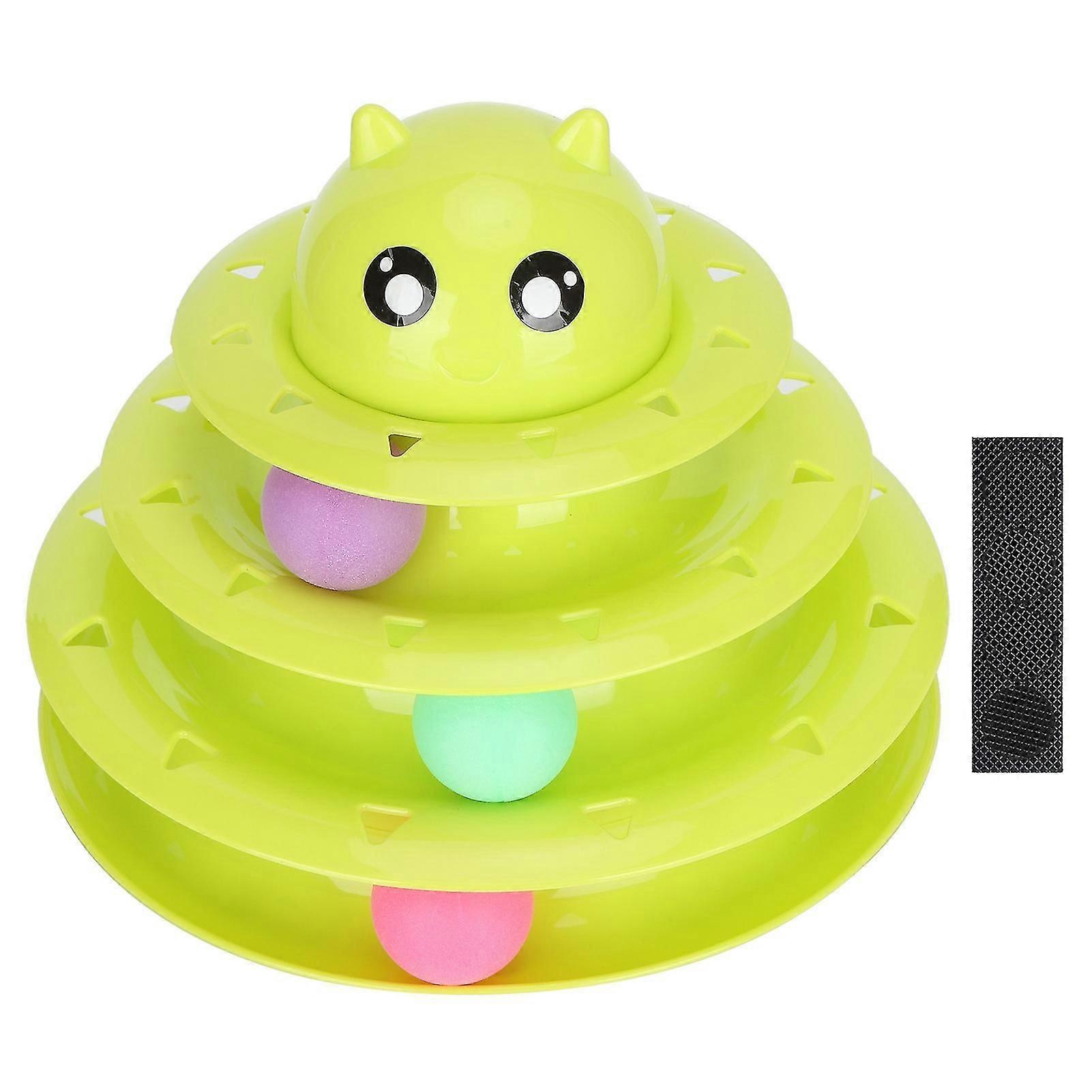 Cat 3 Level Tower with 3 Rolling Balls AntiSlip Pet Interactive Tracks Playing Toy(Green )