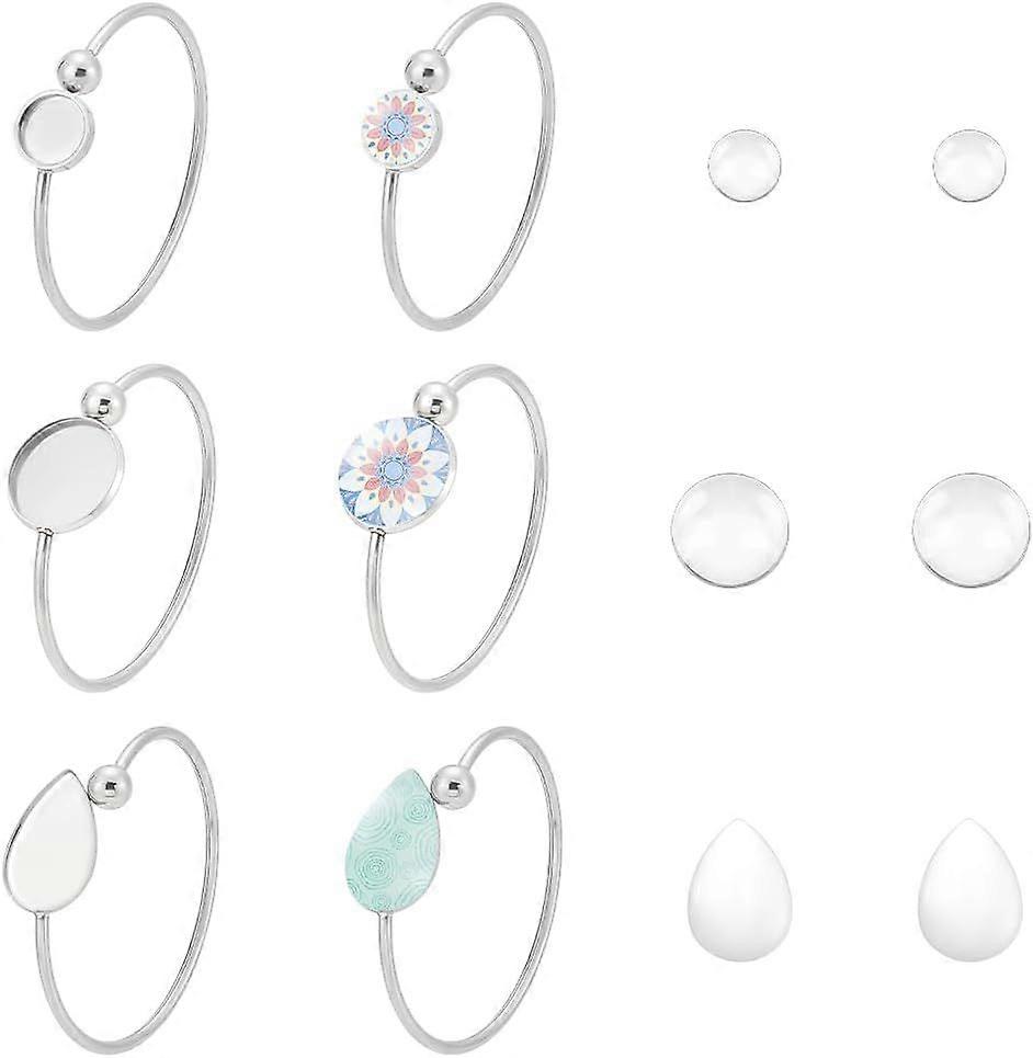 3 Sets 2 Style Teardrop Cabochon Cuff Bangle Flat Round Blank Dome Bangle Making Kits Stainless Steel Open Bangle with Glass Cabochon Adjustable Bangl