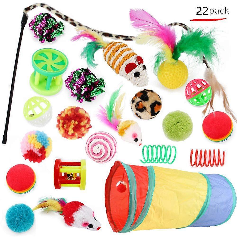 22 Pack Cat Toys for Indoor Cats Collapsible Cat Tunnel Interactive Feather Teaser Wand Ball Toy for Kitten Cats