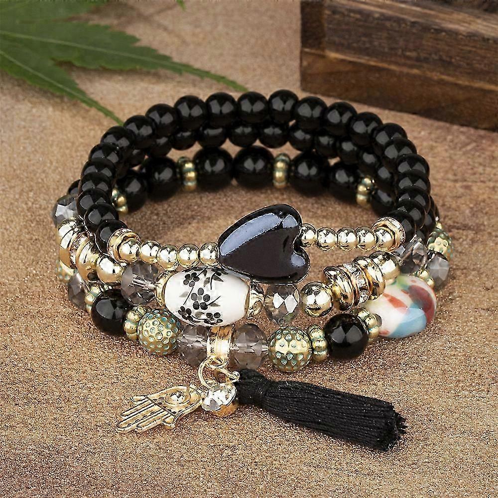 Vintage Bohemian Multi-layer Bracelet Heart Pendant Tassel Beaded Crystal Elastic Bracelet
