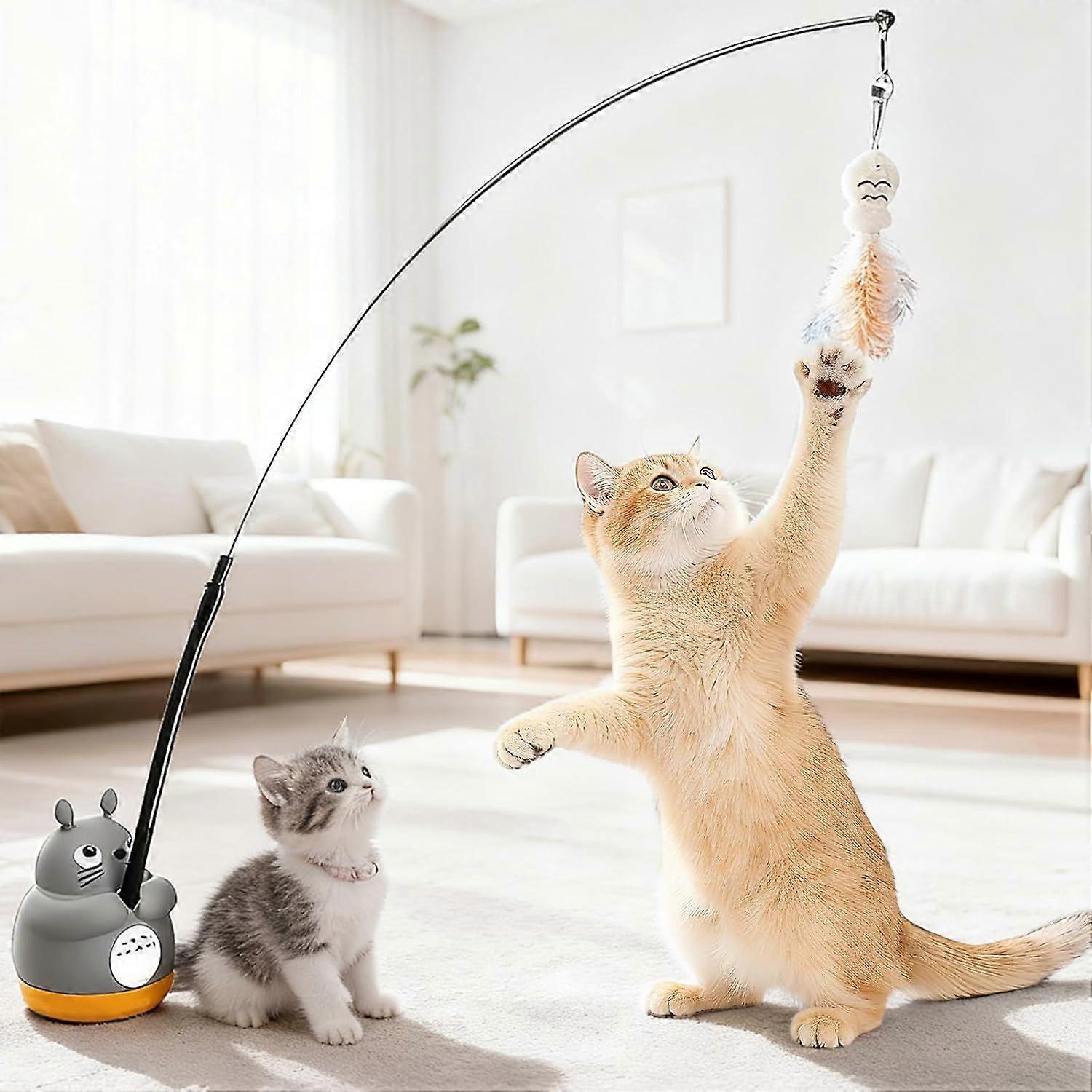 360 Rotatable Interactive Cat Toy, Automatic Cat Wand Toy with Peel-and-Stick Base, Moving Feather, Fish and Bell, Detachable Cat Teaser, Two Model