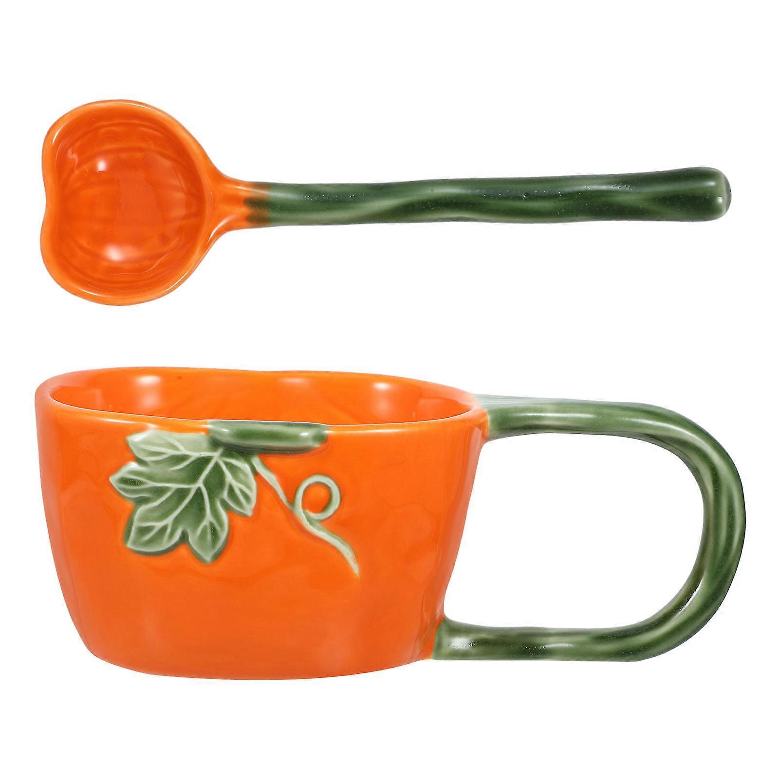 Ceramic Cup Spoon Set Pumpkin Design for Kitchen Use 1Set