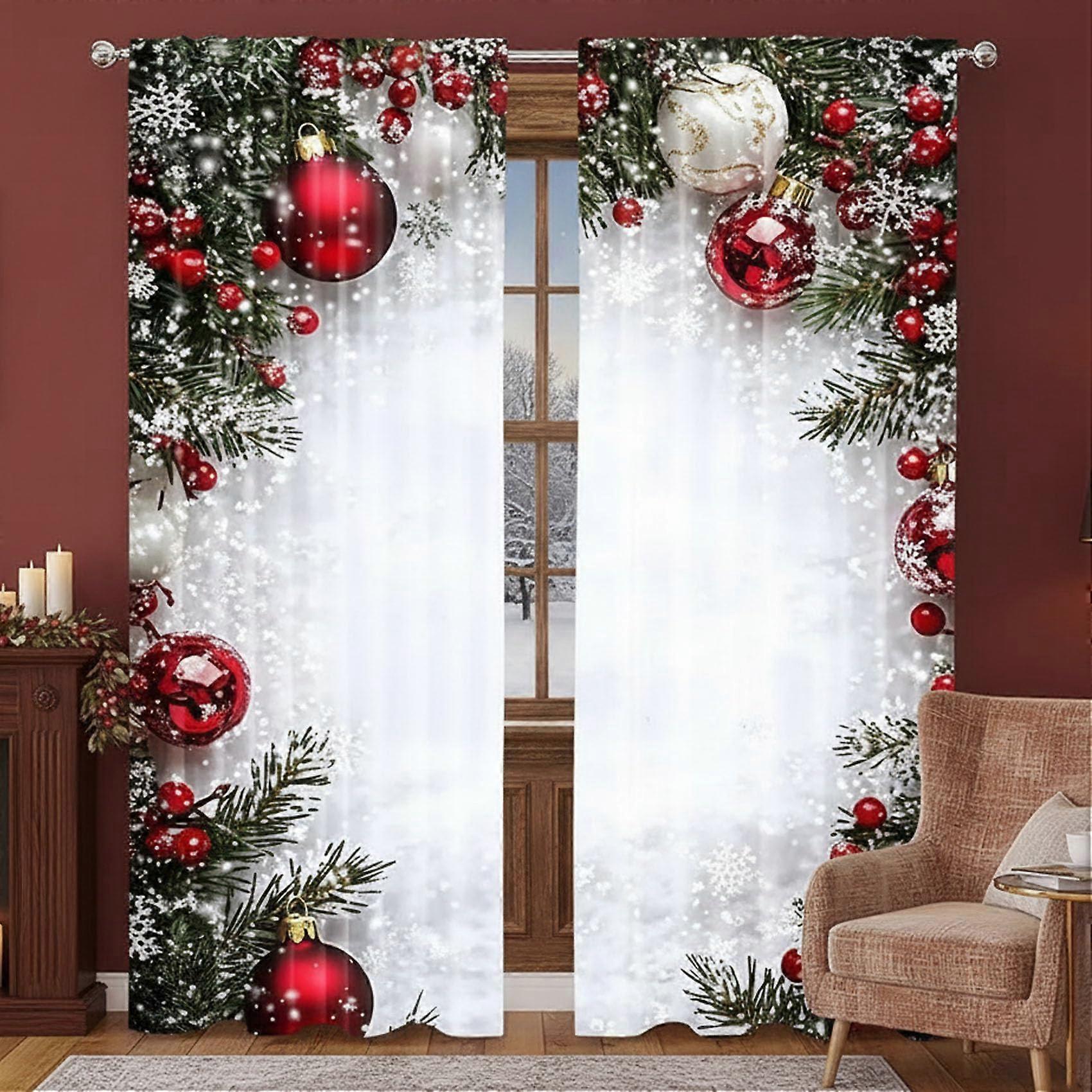 Christmas Curtains 2 Panels Set with Red Ornament Print, Light Filtering Festive Drapes 39.5x87in