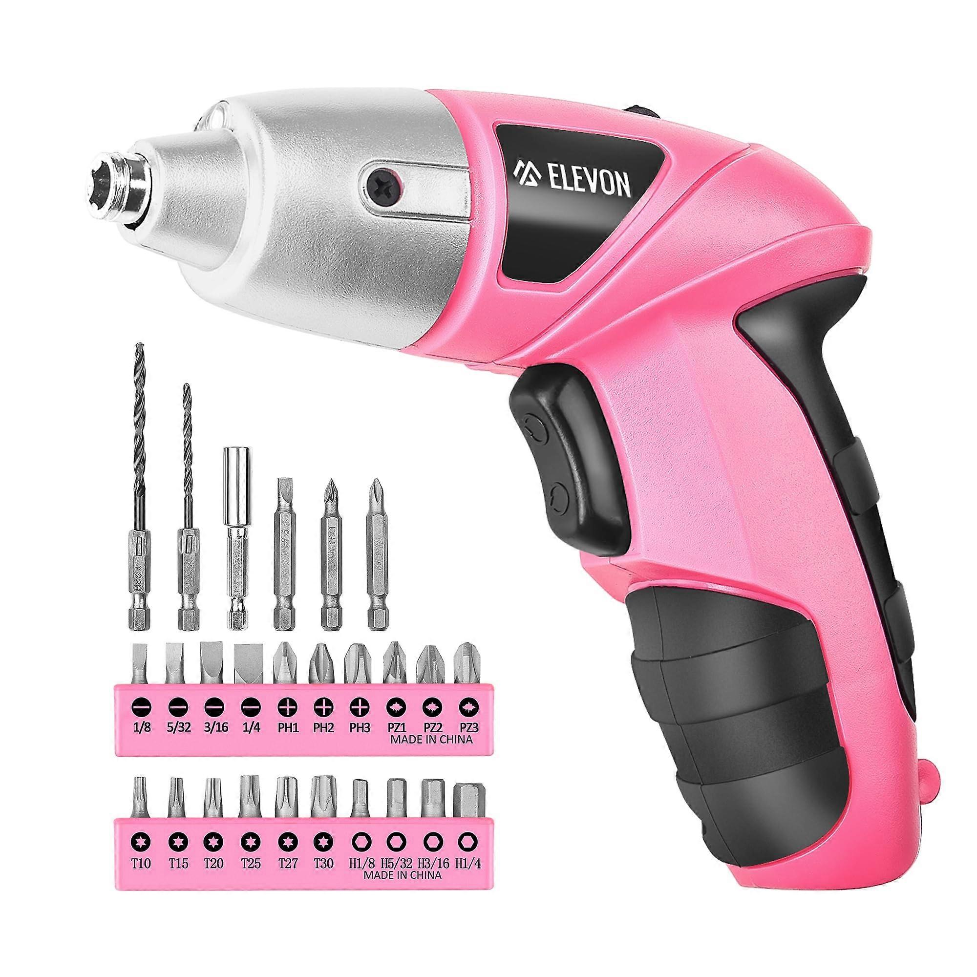 Cordless Electric Screwdriver and Power Drill Set with LED Light, 27Piece Rechargeable Pink Kit