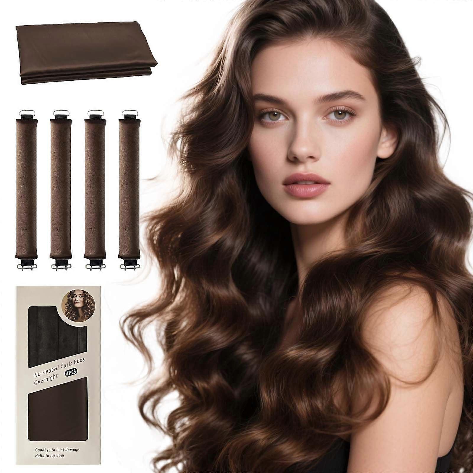 Heatless Hair Curler Set with Soft Overnight Styling Rod and Secure Hook Lock for All Hair Types Brown