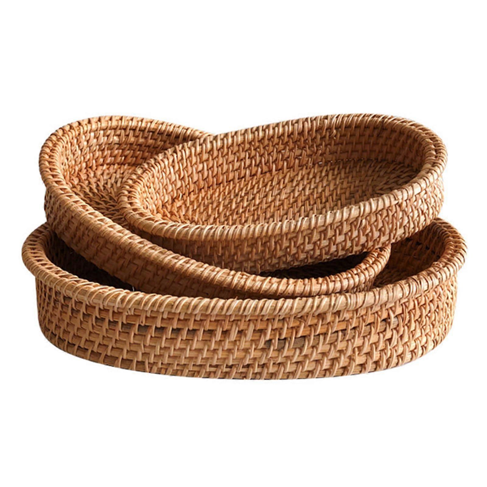 Set of 3 Rattan Bread Baskets Handwoven Stackable Oval Wicker Trays for Kitchen Storage and Serving