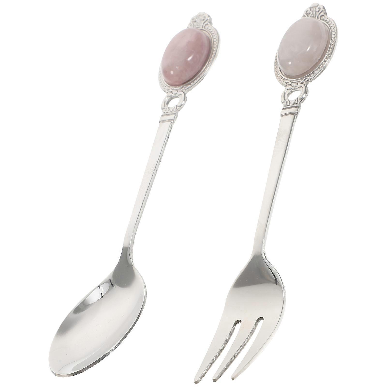 Reusable Dessert Spoon and Convenient Appetizer Fork Crystal Stone Set 1Set