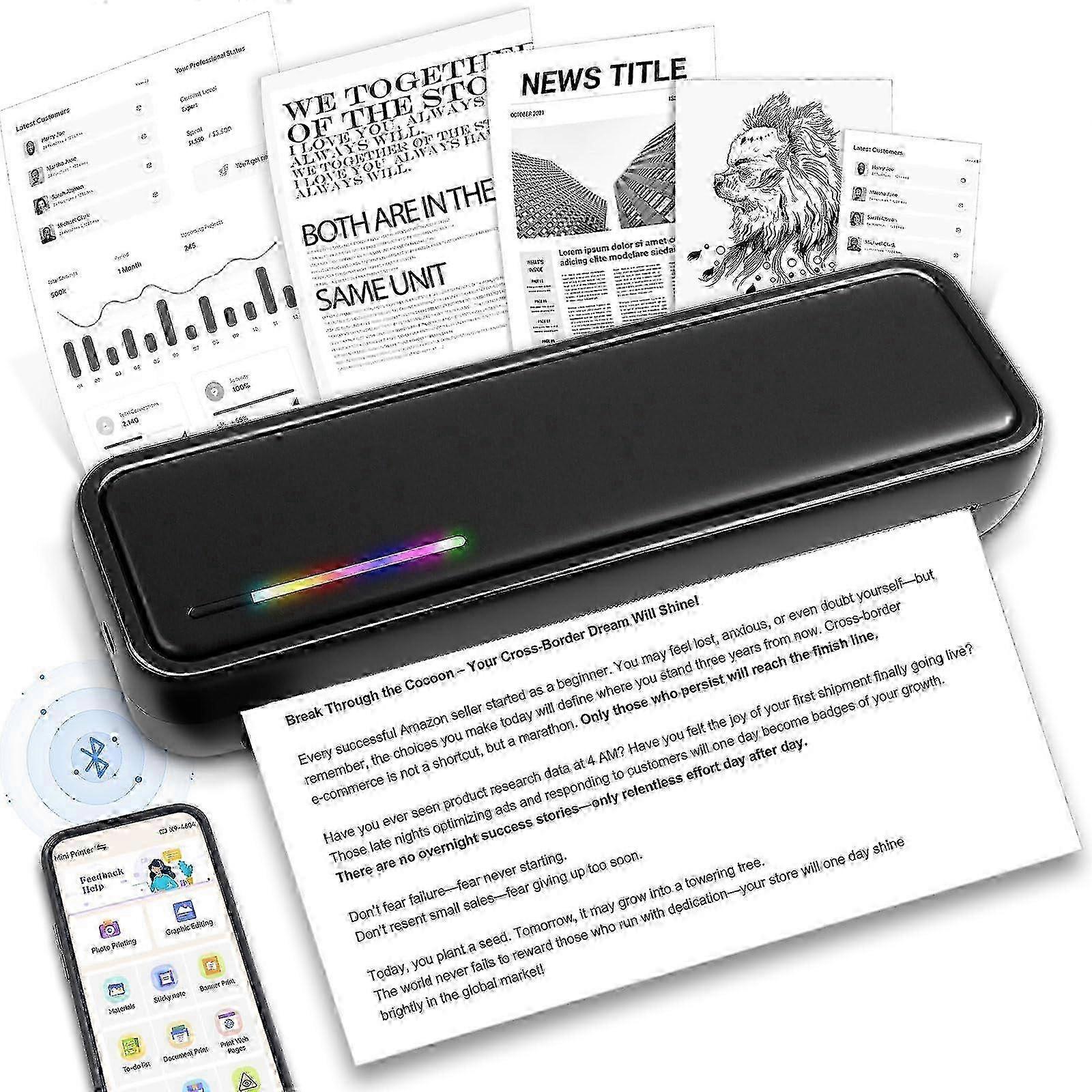 Portable Thermal Printer, Wireless Bluetooth Inkless Printing A4, Fast TypeC Charging, 200dpi