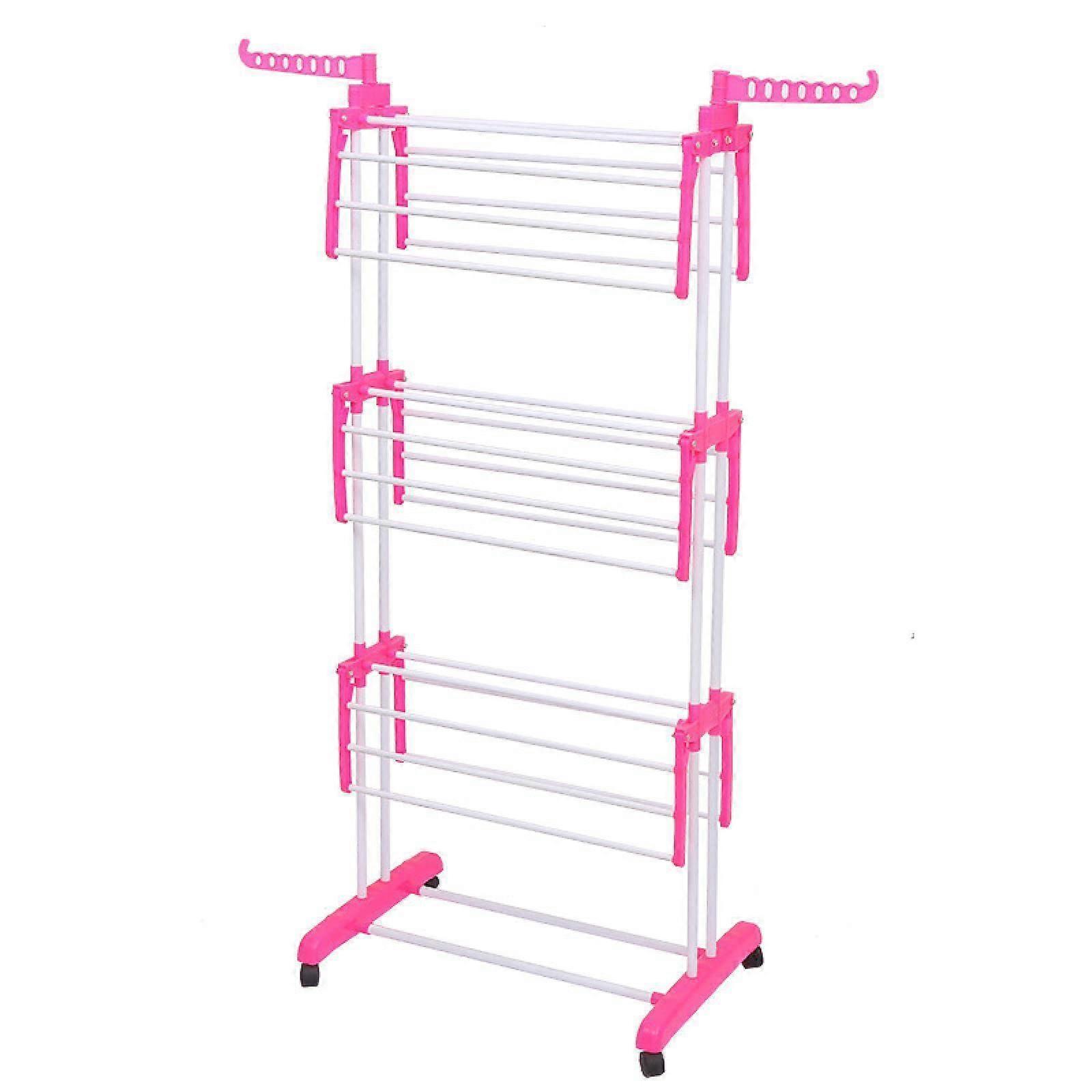 3 Tier Clothes Drying Rack with Adjustable Double Pole, Foldable Large Capacity Indoor Outdoor Stand Pink