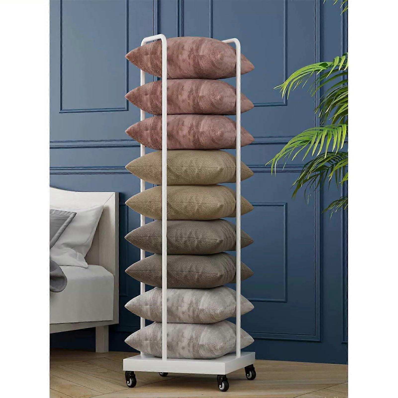 White Metal Pillow Storage Rack with Wheels, Freestanding Stackable Display Stand for Retail
