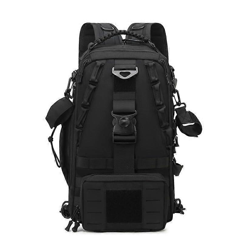 Fishing Tackle Backpack Black Waterproof with Multiple Compartments and Rod Holders