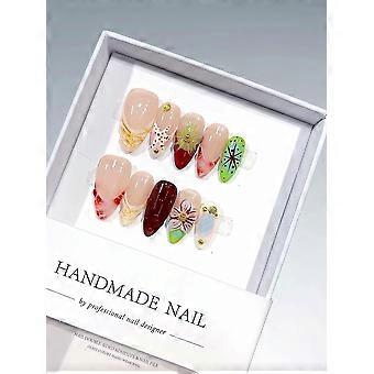 Handmade Long Almond Press On Nails Set with 3D Floral and Gold Accents, Shimmery Nude Reusable Manicure