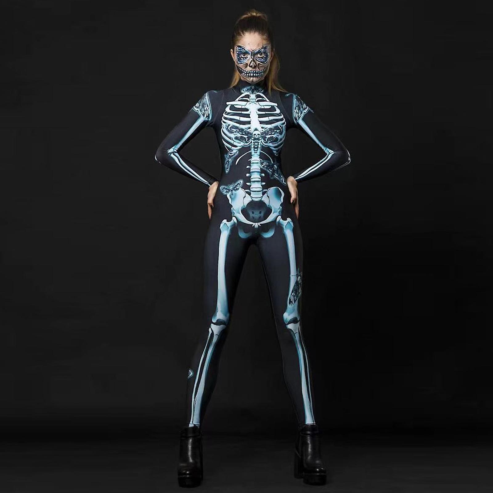 Alidamo Damen Halloween Jumpsuit – 3D Skelett-Druck, Aus Polyester/Spandex, Figurbetont