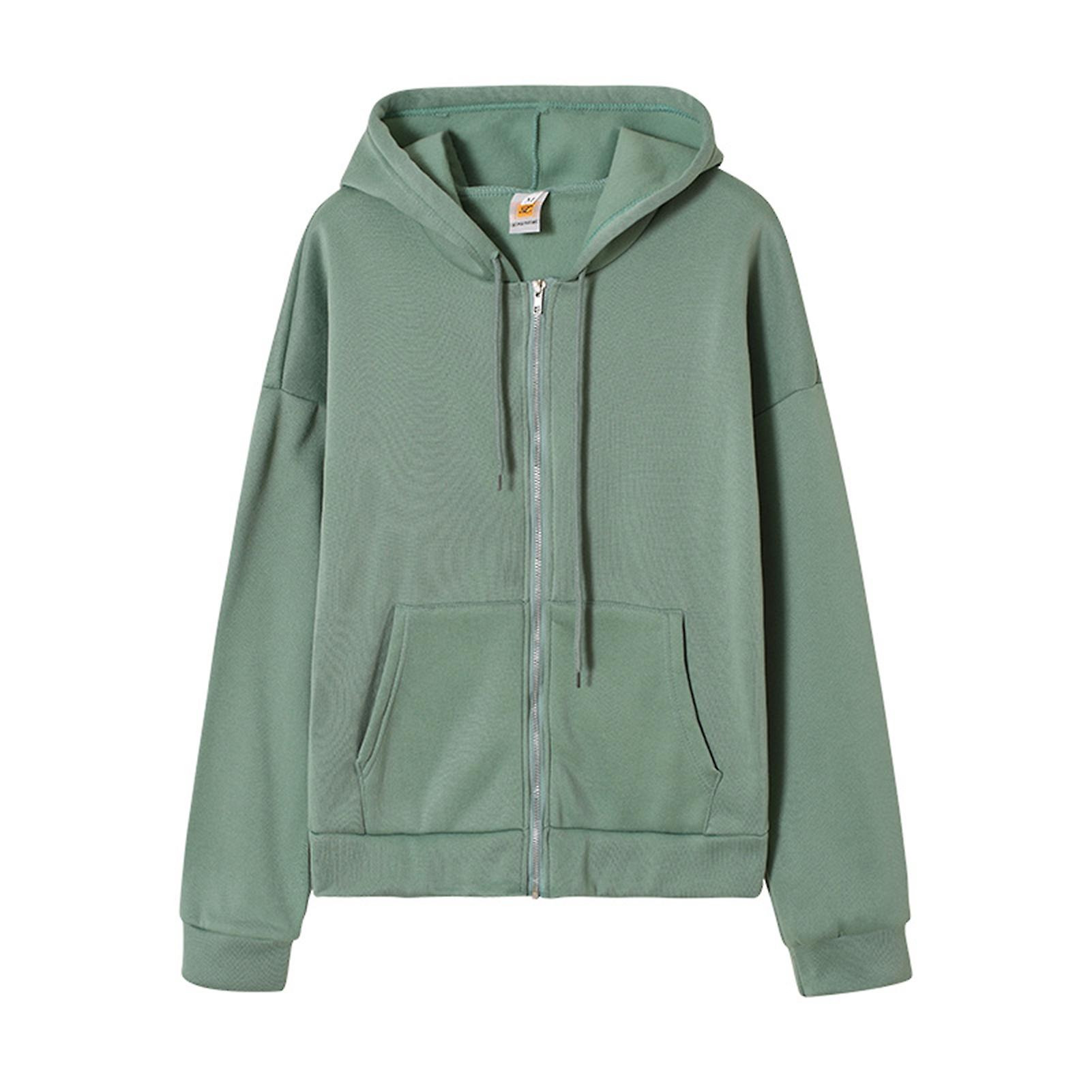 Front Zipper Hoodies Sweater With Pockets Solid Color Fall Casual Loose Outwear Hooded Tops