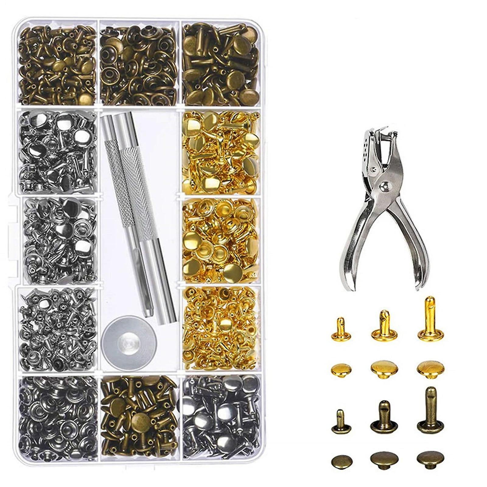 360Pcs Leather Craft Metal Double Cap Rivets Studs Fixing Tool Kit Hole Puncher
