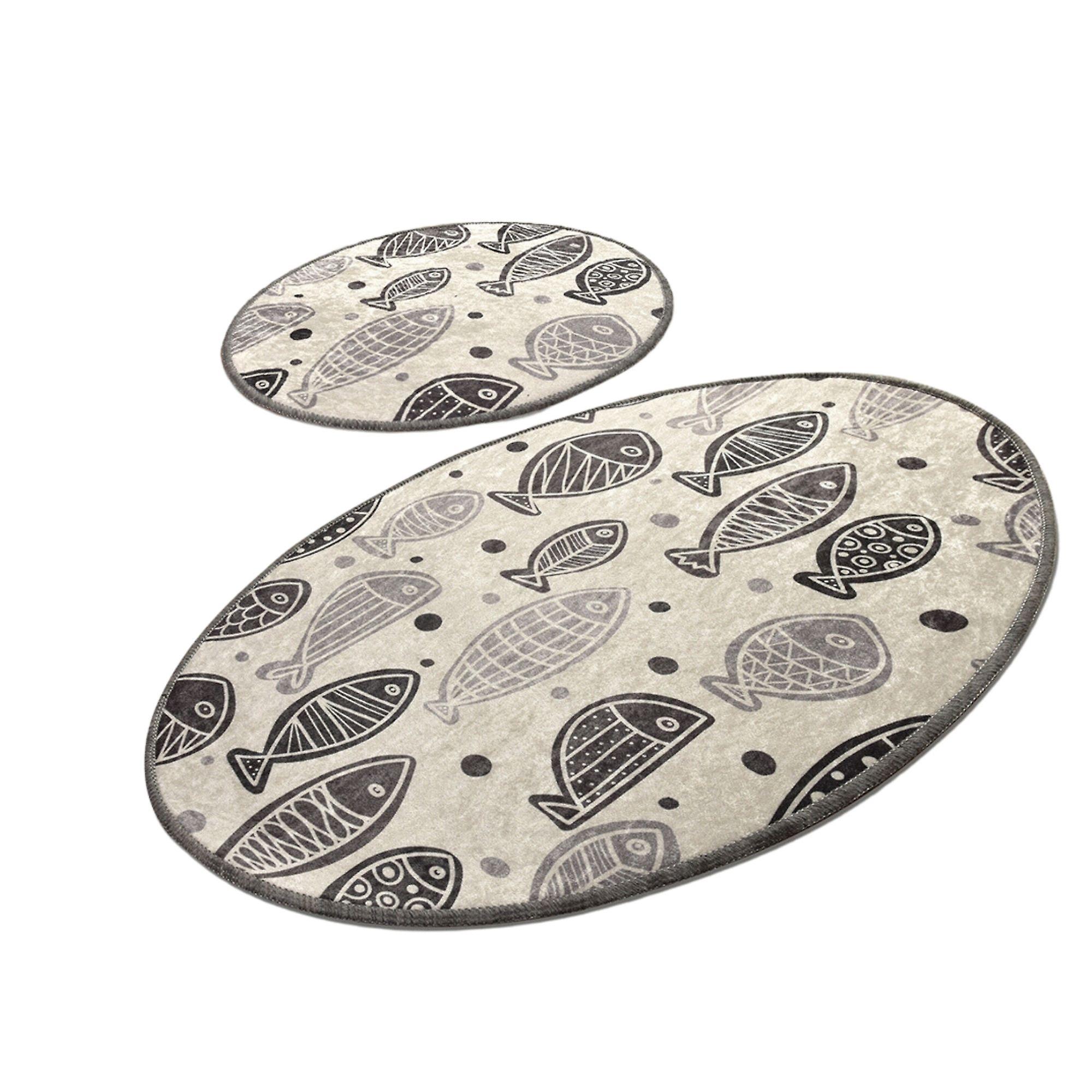 Fish White 2 Pieces Non-slip Sole Digital Print Bathroom Rug Set