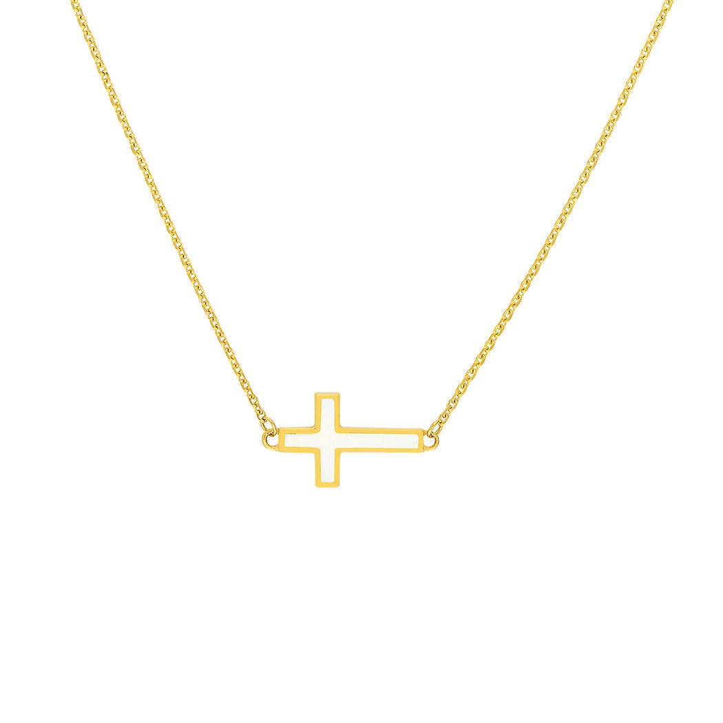 Colar ajustável com pingente de cruz religiosa horizontal em ouro amarelo 14k e esmalte branco, 45 cm (18 polegadas), para mulheres.