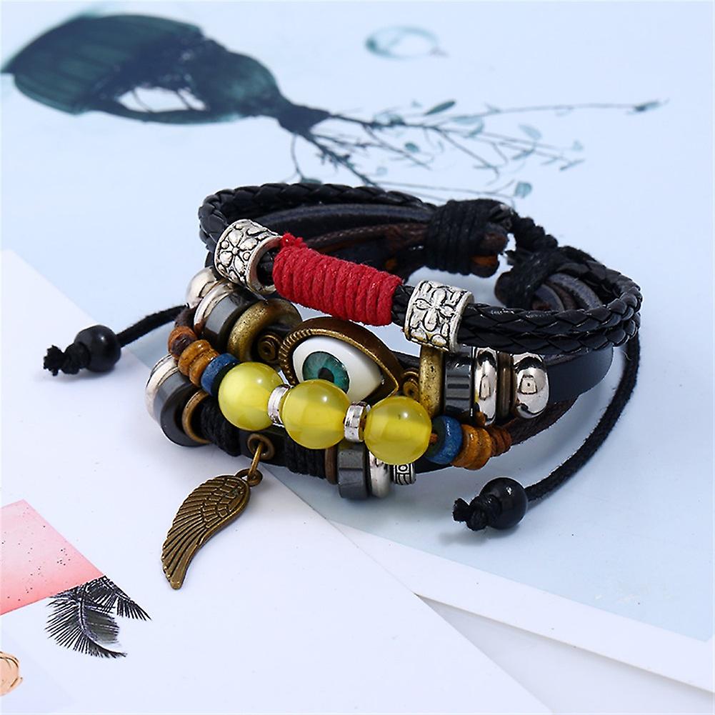 Multi Layer Cowhide Beaded Alloy Wings Bracelet 17cm Adjustable